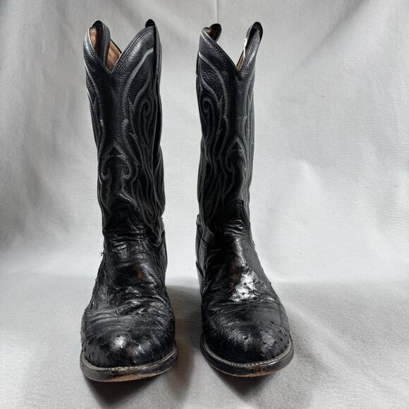 Tony Lama Ostrich Cowboy Boots Black Men’s 11 B Made in USA Western Leather - Picture 2 of 15